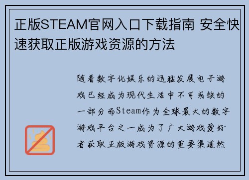 正版STEAM官网入口下载指南 安全快速获取正版游戏资源的方法